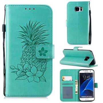Embossing Flower Pineapple Leather Wallet Case for Samsung Galaxy S7 Edge s7edge - Mint Green