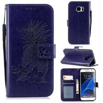 Embossing Flower Pineapple Leather Wallet Case for Samsung Galaxy S7 Edge s7edge - Purple