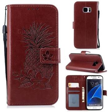 Embossing Flower Pineapple Leather Wallet Case for Samsung Galaxy S7 Edge s7edge - Brown