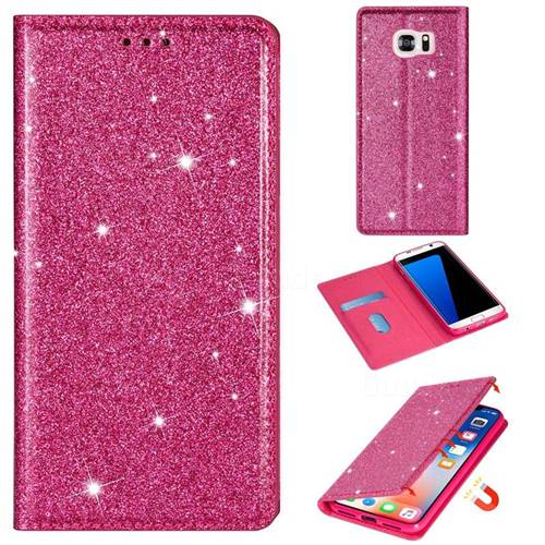 Ultra Slim Glitter Powder Magnetic Automatic Suction Leather Wallet Case for Samsung Galaxy S7 Edge s7edge - Rose Red