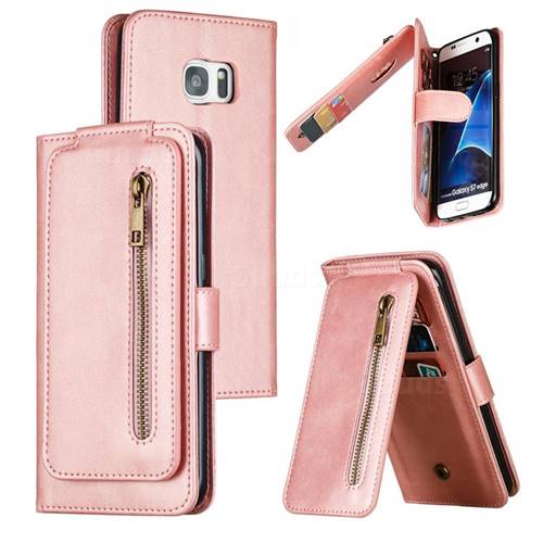 Multifunction 9 Cards Leather Zipper Wallet Phone Case for Samsung Galaxy S7 Edge s7edge - Rose Gold