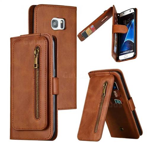 Multifunction 9 Cards Leather Zipper Wallet Phone Case for Samsung Galaxy S7 Edge s7edge - Brown