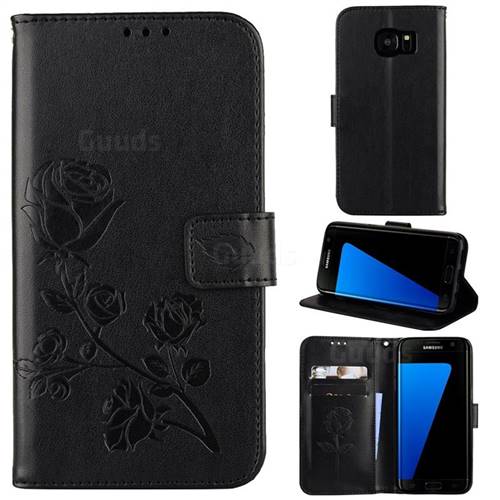 Embossing Rose Flower Leather Wallet Case for Samsung Galaxy S7 Edge s7edge - Black