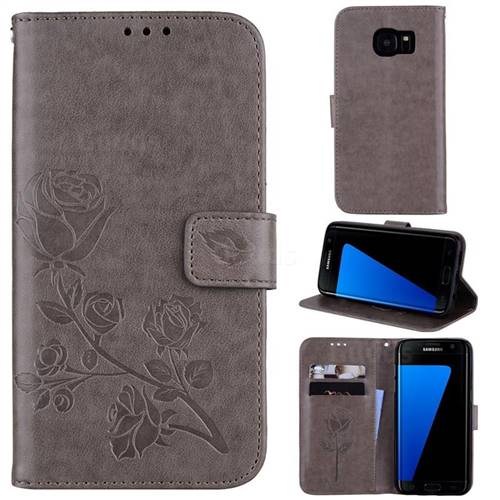 Embossing Rose Flower Leather Wallet Case for Samsung Galaxy S7 Edge s7edge - Grey