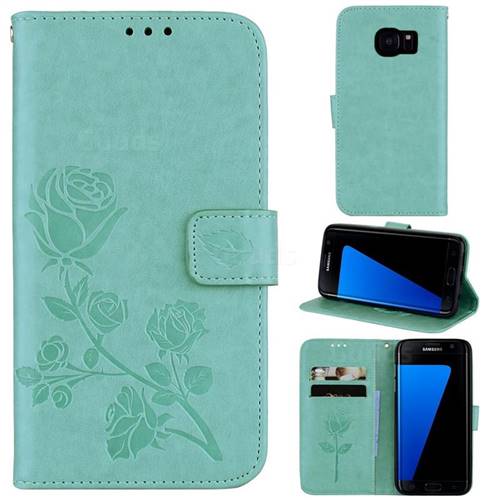 Embossing Rose Flower Leather Wallet Case for Samsung Galaxy S7 Edge s7edge - Green