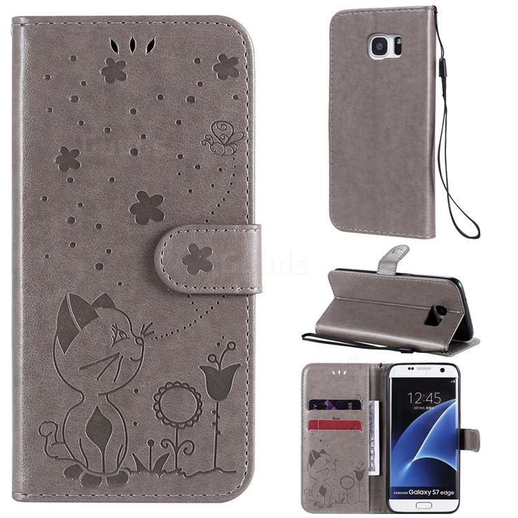 Embossing Bee and Cat Leather Wallet Case for Samsung Galaxy S7 Edge s7edge - Gray