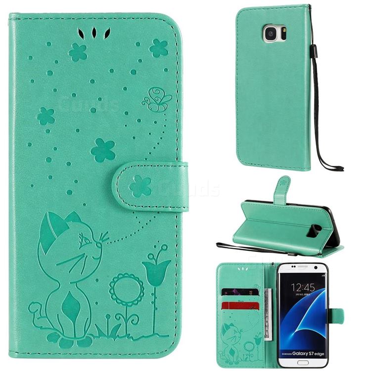 Embossing Bee and Cat Leather Wallet Case for Samsung Galaxy S7 Edge s7edge - Green