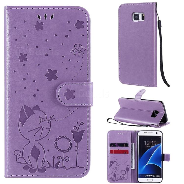 Embossing Bee and Cat Leather Wallet Case for Samsung Galaxy S7 Edge s7edge - Purple
