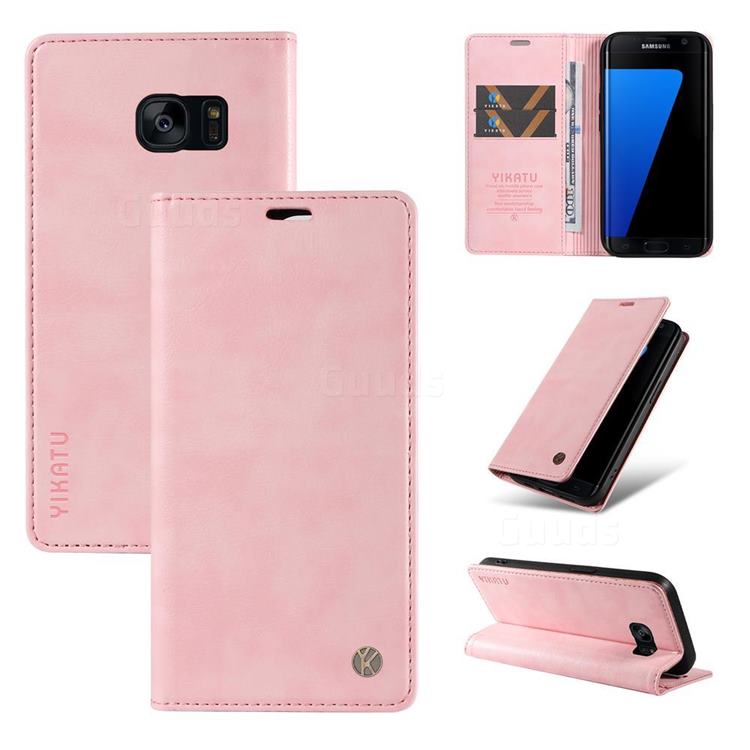 YIKATU Litchi Card Magnetic Automatic Suction Leather Flip Cover for Samsung Galaxy S7 Edge s7edge - Pink
