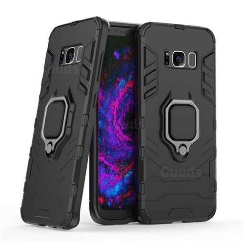Black Panther Armor Metal Ring Grip Shockproof Dual Layer Rugged Hard Cover for Samsung Galaxy S8 - Black