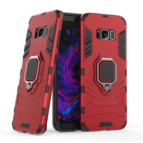 Black Panther Armor Metal Ring Grip Shockproof Dual Layer Rugged Hard Cover for Samsung Galaxy S8 - Red