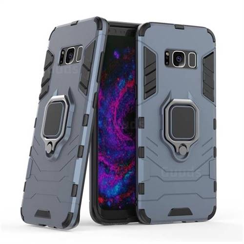 Black Panther Armor Metal Ring Grip Shockproof Dual Layer Rugged Hard Cover for Samsung Galaxy S8 - Blue