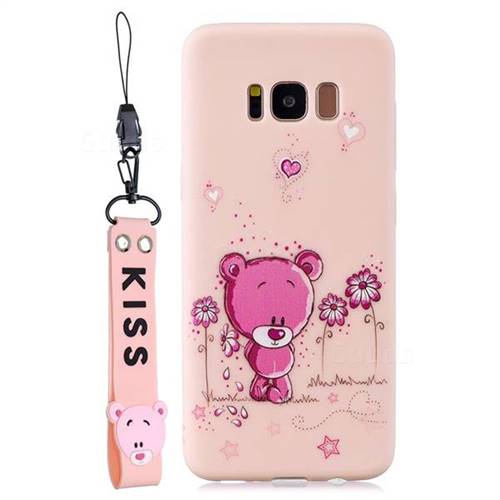 Pink Flower Bear Soft Kiss Candy Hand Strap Silicone Case for Samsung Galaxy S8
