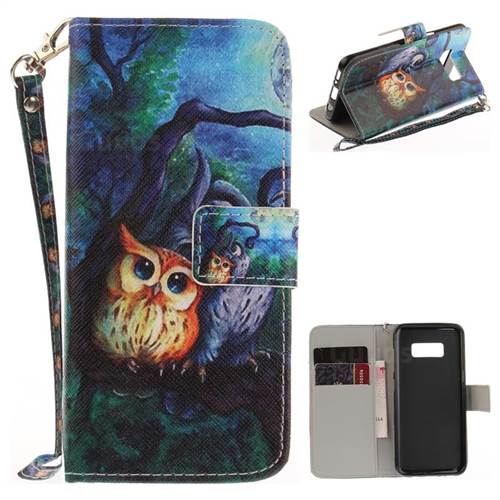 Oil Painting Owl Hand Strap Leather Wallet Case for Samsung Galaxy S8
