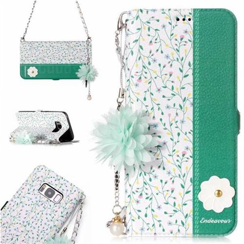 Magnolia Endeavour Florid Pearl Flower Pendant Metal Strap PU Leather Wallet Case for Samsung Galaxy S8
