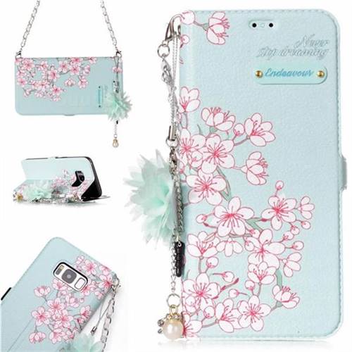 Cherry Blossoms Endeavour Florid Pearl Flower Pendant Metal Strap PU Leather Wallet Case for Samsung Galaxy S8