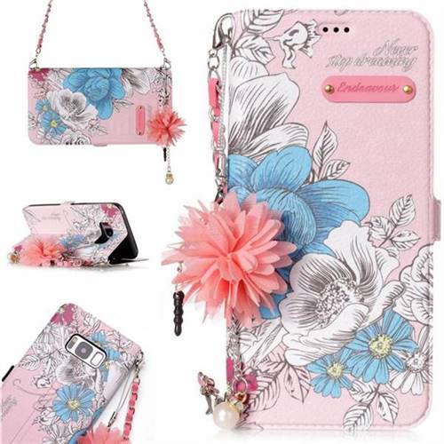 Pink Blue Rose Endeavour Florid Pearl Flower Pendant Metal Strap PU Leather Wallet Case for Samsung Galaxy S8