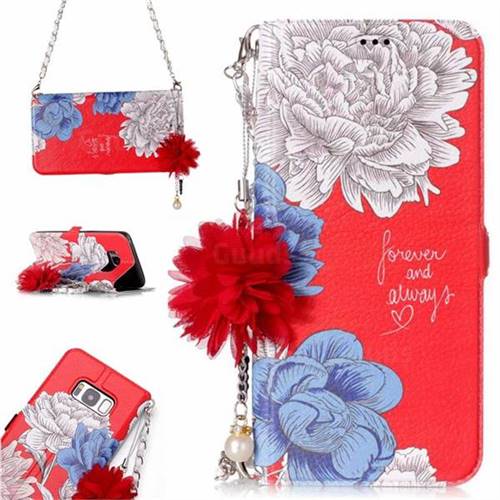 Red Chrysanthemum Endeavour Florid Pearl Flower Pendant Metal Strap PU Leather Wallet Case for Samsung Galaxy S8