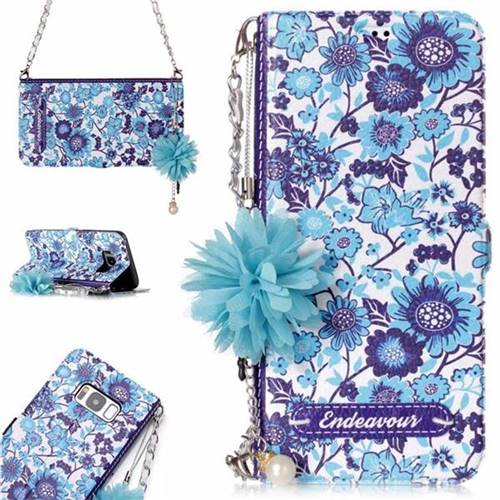 Blue-and-White Endeavour Florid Pearl Flower Pendant Metal Strap PU Leather Wallet Case for Samsung Galaxy S8