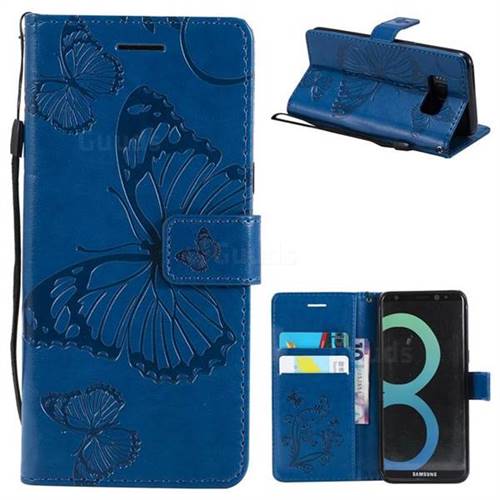 Embossing 3D Butterfly Leather Wallet Case for Samsung Galaxy S8 - Blue