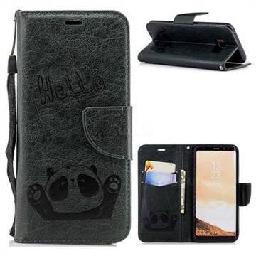 Embossing Hello Panda Leather Wallet Phone Case for Samsung Galaxy S8 - Seagreen
