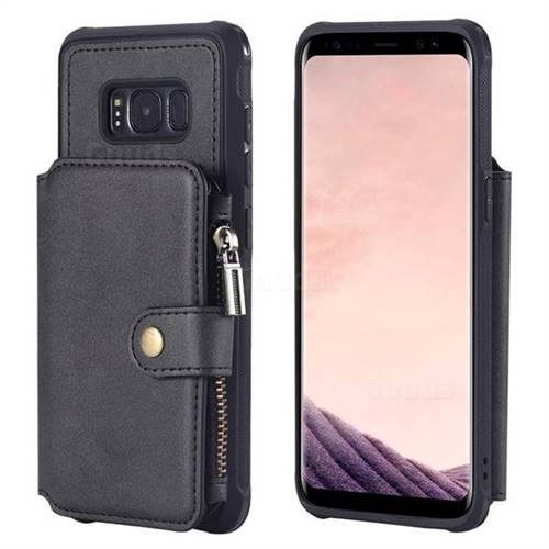 Retro Luxury Multifunction Zipper Leather Phone Back Cover for Samsung Galaxy S8 - Black