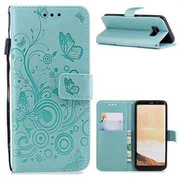 Intricate Embossing Butterfly Circle Leather Wallet Case for Samsung Galaxy S8 - Cyan