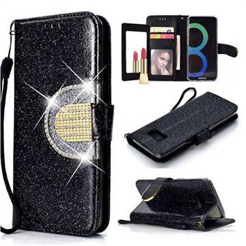 Glitter Diamond Buckle Splice Mirror Leather Wallet Phone Case for Samsung Galaxy S8 - Black