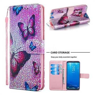 Blue Butterfly Sequins Painted Leather Wallet Case for Samsung Galaxy S8