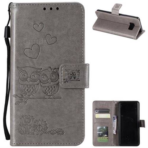 Embossing Owl Couple Flower Leather Wallet Case for Samsung Galaxy S8 - Gray
