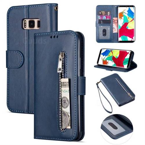 Retro Calfskin Zipper Leather Wallet Case Cover for Samsung Galaxy S8 - Blue