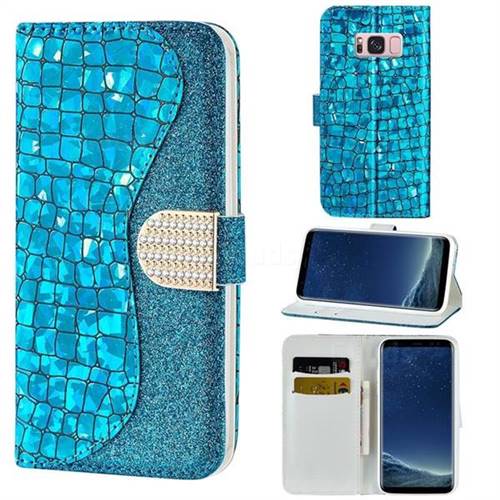 Glitter Diamond Buckle Laser Stitching Leather Wallet Phone Case for Samsung Galaxy S8 - Blue
