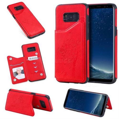 Luxury Tree and Cat Multifunction Magnetic Card Slots Stand Leather Phone Back Cover for Samsung Galaxy S8 - Red