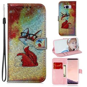 Glasses Fox Laser Shining Leather Wallet Phone Case for Samsung Galaxy S8