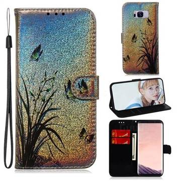 Butterfly Orchid Laser Shining Leather Wallet Phone Case for Samsung Galaxy S8