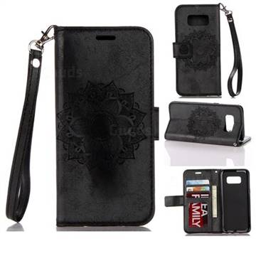 Embossing Retro Matte Mandala Flower Leather Wallet Case for Samsung Galaxy S8 - Black