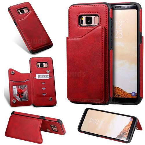 Luxury Multifunction Magnetic Card Slots Stand Calf Leather Phone Back Cover for Samsung Galaxy S8 - Red