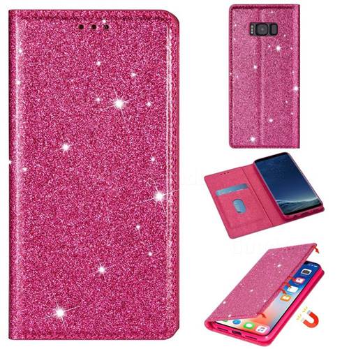 Ultra Slim Glitter Powder Magnetic Automatic Suction Leather Wallet Case for Samsung Galaxy S8 - Rose Red