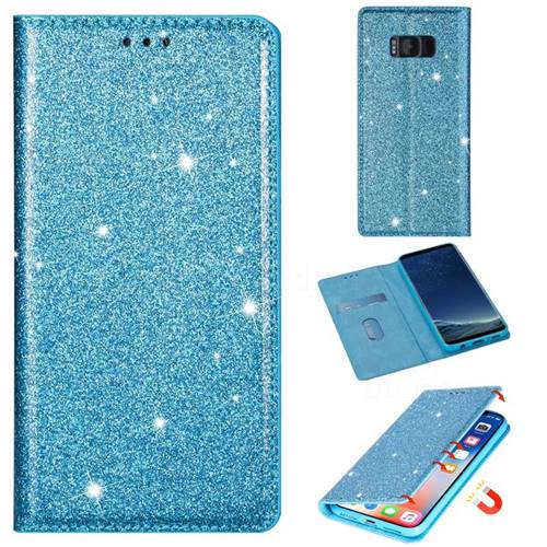 Ultra Slim Glitter Powder Magnetic Automatic Suction Leather Wallet Case for Samsung Galaxy S8 - Blue