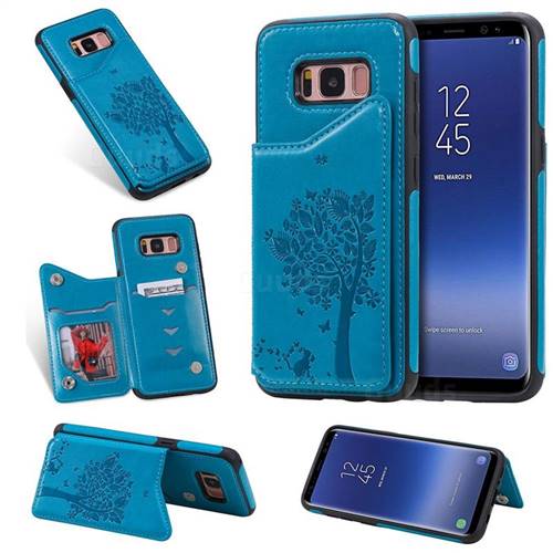 Luxury R61 Tree Cat Magnetic Stand Card Leather Phone Case for Samsung Galaxy S8 - Blue