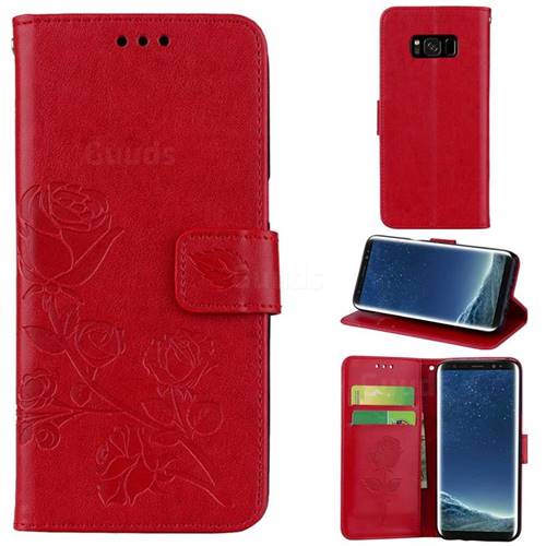 Embossing Rose Flower Leather Wallet Case for Samsung Galaxy S8 - Red