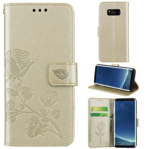 Embossing Rose Flower Leather Wallet Case for Samsung Galaxy S8 - Golden