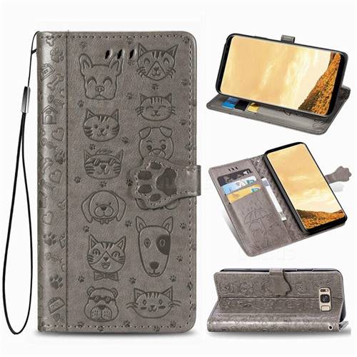 Embossing Dog Paw Kitten and Puppy Leather Wallet Case for Samsung Galaxy S8 - Gray