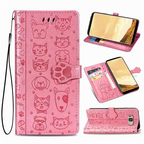 Embossing Dog Paw Kitten and Puppy Leather Wallet Case for Samsung Galaxy S8 - Pink