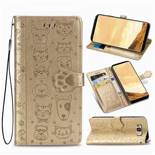 Embossing Dog Paw Kitten and Puppy Leather Wallet Case for Samsung Galaxy S8 - Champagne Gold