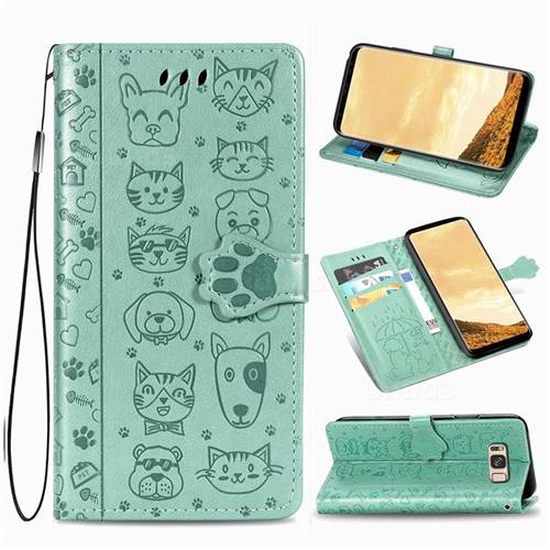 Embossing Dog Paw Kitten and Puppy Leather Wallet Case for Samsung Galaxy S8 - Green
