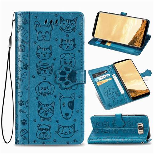 Embossing Dog Paw Kitten and Puppy Leather Wallet Case for Samsung Galaxy S8 - Blue
