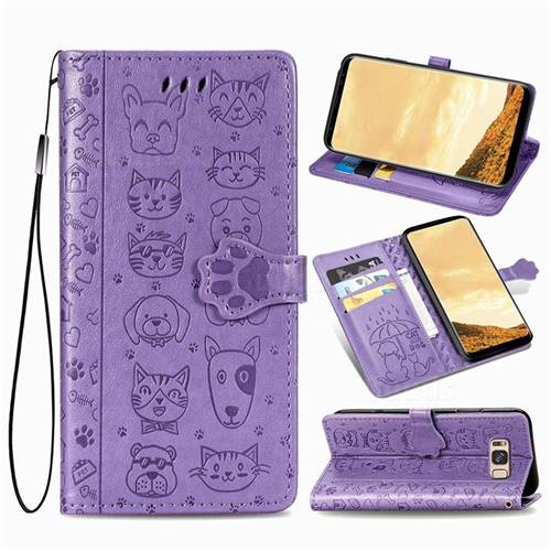 Embossing Dog Paw Kitten and Puppy Leather Wallet Case for Samsung Galaxy S8 - Purple
