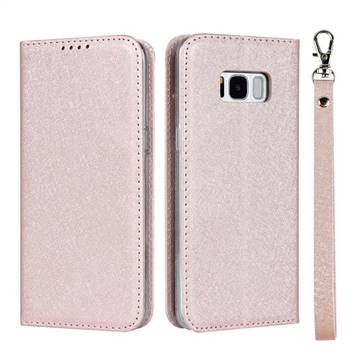 Ultra Slim Magnetic Automatic Suction Silk Lanyard Leather Flip Cover for Samsung Galaxy S8 - Rose Gold