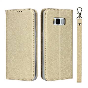 Ultra Slim Magnetic Automatic Suction Silk Lanyard Leather Flip Cover for Samsung Galaxy S8 - Golden